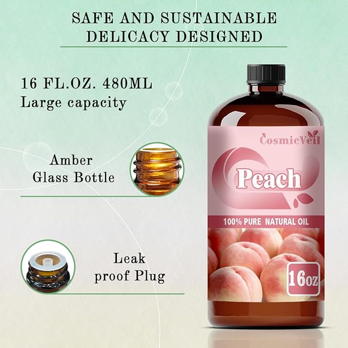 Peach Essential Oil Peach Oil for Aroma Diffuser,Humidifier,Home Fragrance,Cleaning,Body Care,Massage,Yoga,DIY Candle,DIY Soap CosmicVeil（Peach，16 Fl Oz (Pack of 1)）