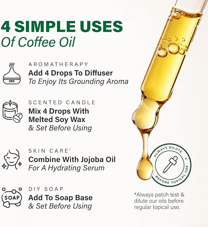 100% Pure Coffee Oil - 1 Fl Oz Coffee Essential Oil for Hair, Skin, Diffuser, Aromatherapy & DIY Soap Making Scent