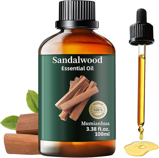 Sandalwood Essential Oil, Mumianhua Pure Sandalwood Oil, for Deep Meditation & Mood Balance, Luxurious Skin Serum & Diffuser Blend, Woody Base Note for Perfume, Candle Making, 3.38 Fl Oz