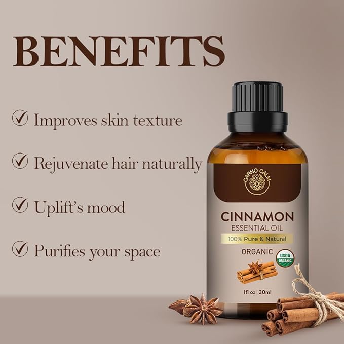Cinnamon Essential Oil | USDA Certified Organic Cinnamon Oil |for Skin and Hair | Perfect for Aromatherapy | 1 Fl oz