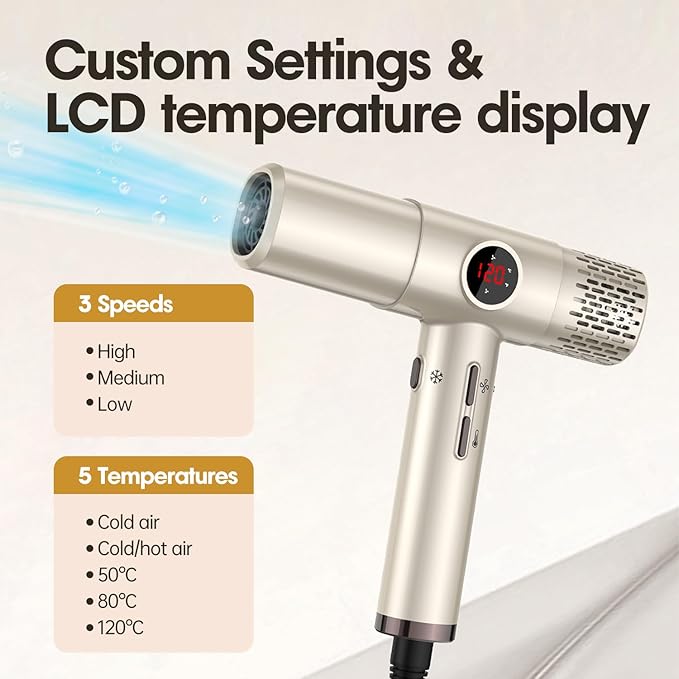 Ionic Hair Dryer with Diffuser - 1800W High-Speed Blow Dryer, Innovative Led Display Temperature Control Blow Dryer, Low Noise, Lightweight, Suitable for Travel, Home Salon