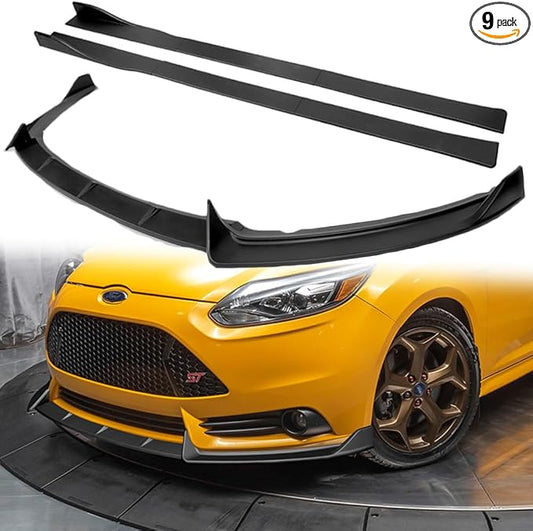 Q1-TECH, 9PCS Front Bumper Lip & Side Skirt Extensions Diffuser Compatible with 2012-2014 Ford Focus ST Hatchback Models, Front Bumper Lip Spoiler Air Chin Body Splitter ABS (Matt Black)
