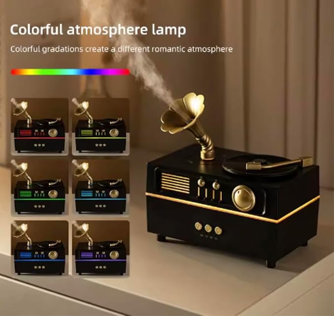 5 in 1 Diffuser Humidifier 200 ml, Bluetooth Speaker, 6 LED Light, Timer, Gramaphone & Vinyl Rotation Retro Design. Electric Powered, Remote Control, Rotation Mist Spray Aromatherapy