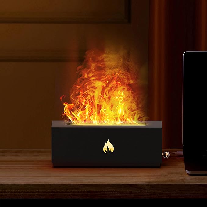 Flame Air Diffuser 3D Fireplace Appearance Multi Colored Fire Automatic Power Off 320ml Silent Flame Mist Air Humidifier for Bedroom Office (Black)