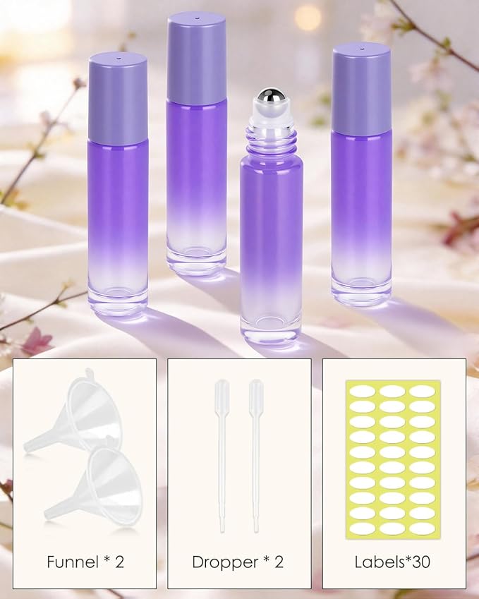 Worldgsb 12 Pack Essential Oil Roller Bottles, 10ml Refillable Glass Roller Bottles with Stainless Steel Roller Balls and Caps for Travel, Perfume and Lip Gloss Purple Gradient