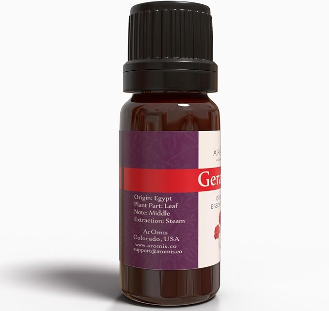 ArOmis Geranium Essential Oil - Organic - 100% Pure Therapeutic Grade - 10ml (.34 Fl Oz), Undiluted, Premium 150 Micron Filtered for Nebulizer Use