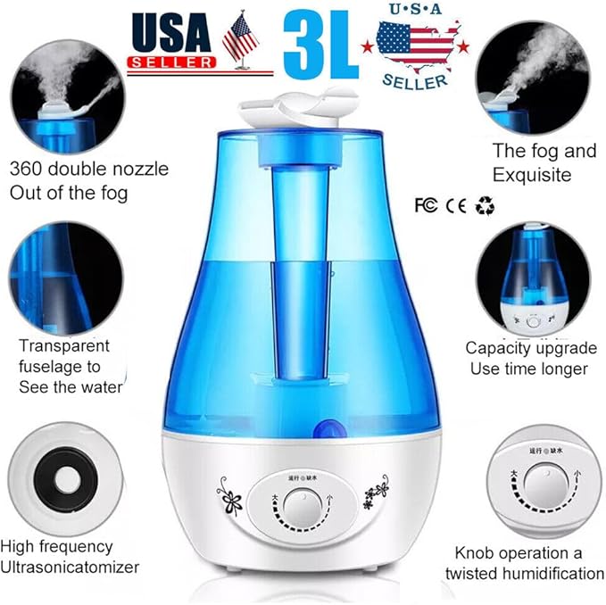 Cool Mist Ultrasonic Air Humidifier Adjustable Diffuser for Bedroom (Blue)