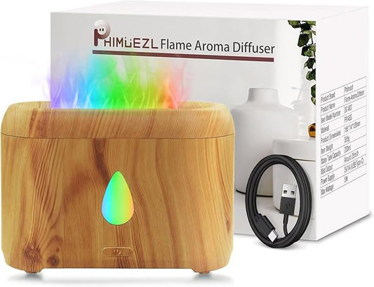 Flame Diffuser for Essential Oils, 200ml Ultrasonic Aroma Diffusers with Cool Mist, Aromatherapy Diffuser with Auto-Off Protection, Small Humidifier for Home,Office,Bedroom,Gift (7 Colors Wood)