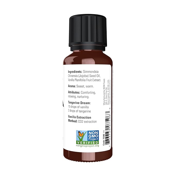 NOW Foods Essential Oils, Vanilla Oil, Blend of Pure Vanilla Bean Extract in Pure Jojoba Oil, Sweet Aromatherapy Scent, Vegan, Child Resistant Cap, 1-Ounce
