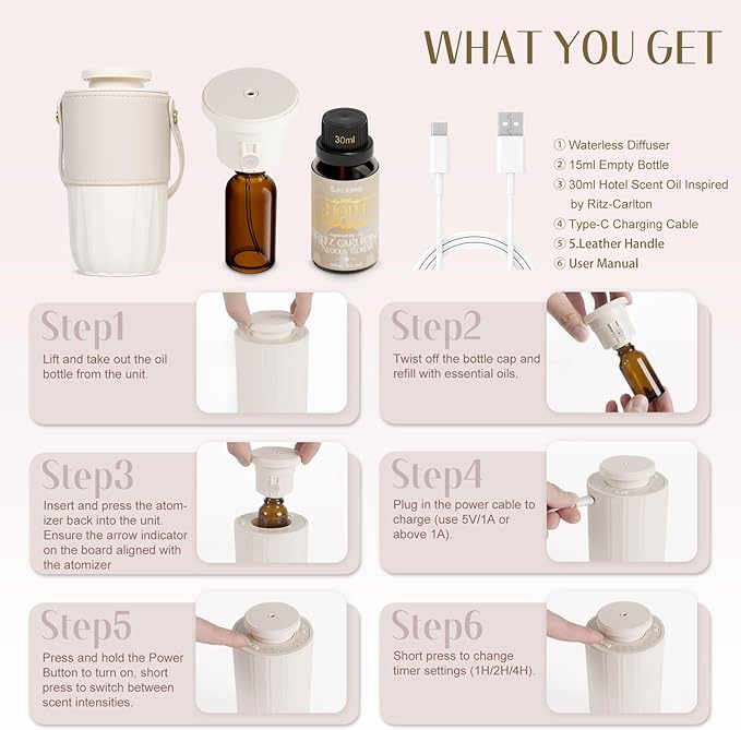 SALKING Waterless Diffuser Starter Kit with 30mL Hotel Fragrance Oil, Scent Diffuser Battery Operated Nebulizer with Timer & Adjustable Mist Mode, Car Diffsuer, Mini Scent Air Machine for Home, Office
