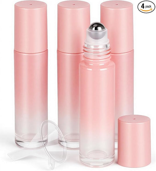 Worldgsb 4 Pack Essential Oil Roller Bottles, 10ml Refillable Glass Roller Bottles with Stainless Steel Roller Balls and Caps for Travel, Perfume and Lip Gloss Pink Gradient