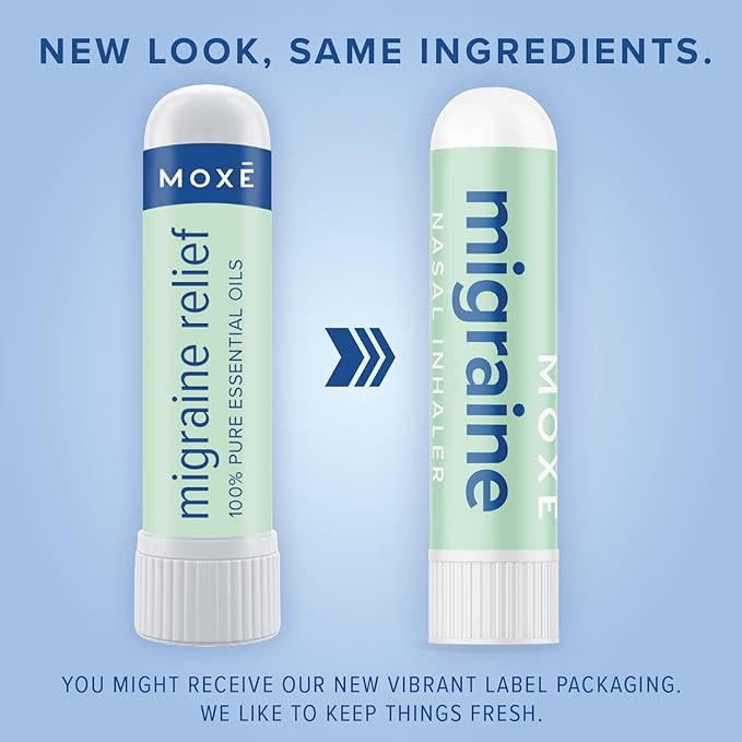 MOXE Migraine Relief Nasal Inhaler, Essential Oils for Headaches & Tension Relief, Portable Aromatherapy, Easy-to-Use, Pure & Undiluted, Peppermint, Spearmint, Eucalyptus, Tea Tree, USA Made, 1 Pack