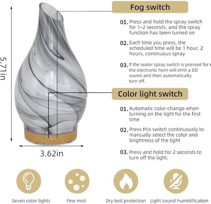 Glass Essential Oil Diffuser with 3 Aromatherapy Oils,200ml Small Humidifier with Timer,7 LED Color Lights,Waterless Auto Shut-Off for Office Home Room Decor Gifts for Women