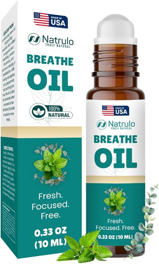 Breathe Essential Oil Roll On – Natural Peppermint Oil & Eucalyptus Oil for Skin – Refreshing Aromatherapy Essential Oil Roller to Support Clear Breathing, Focus & Revitalization – 10 ml, Made in USA