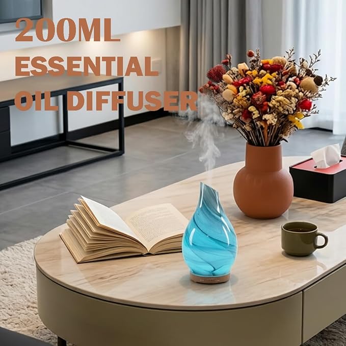 Glass Essential Oil Diffuser with 3 Aromatherapy Oils,200ml Small Humidifier with Timer,7 LED Color Lights,Waterless Auto Shut-Off for Office Home Room Decor Gifts for Women