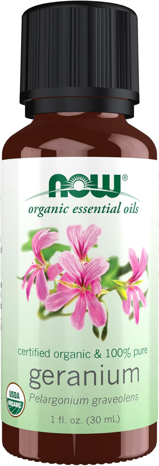 NOW Essential Oils, Geranium Oil, Certified Organic, Soothing Aromatherapy Scent, Steam Distilled, 100% Pure, Child Resistant Cap, 1-Ounce