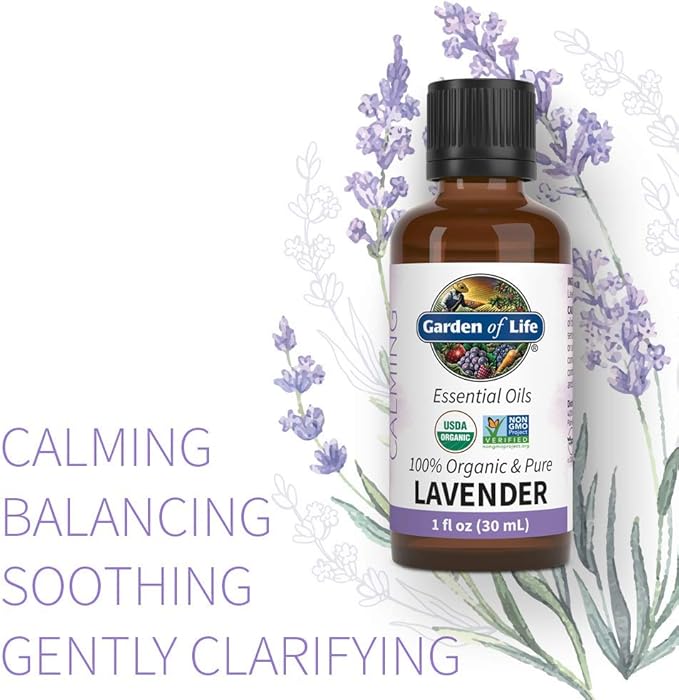Garden of Life Essential Oil, Lavender 1 fl oz (30 mL), 100% USDA Organic & Pure, Clean, Undiluted & Non-GMO - for Diffuser, Aromatherapy, Meditation, Skincare, Sleep - Calming, Relaxing, Soothing