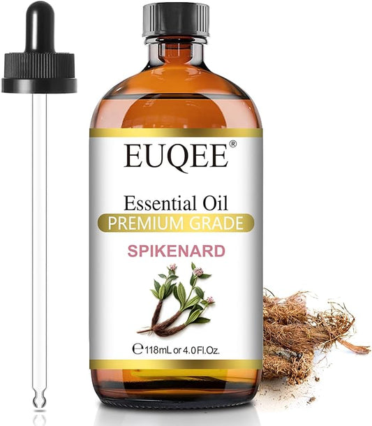 EUQEE Spikenard Essential Oil 118ml/4Fl Oz Pure Spikenard Oil Premium Essential Oil with Glass Dropper Great for Yoga, Meditation, Massage, Diffuser, DIY Soap, Candle Making, Aromatherapy, Sleep