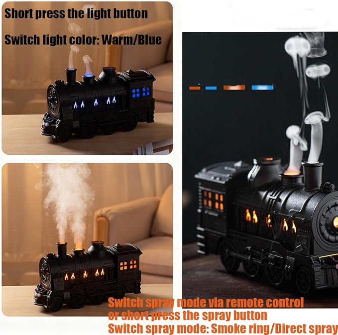 300ml Train Diffuser, Vintage Steam Train Aromatherapy Essential Oil Diffuser with Dual-Color LED Light, Quiet Aromas Diffuser with Cool Mist Modes &Smart Remote for Rooms,Bedrooms, Desks (Green)