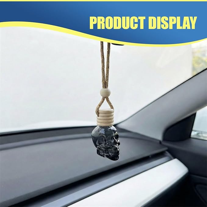 2PCS Hanging Car Essential Oil Diffuser Bottles, Skull Auto Interior Decoration Pendant, Refillable 8ml Empty Glass Bottle Auto Ornament, Funny Car Rear View Mirror Charm Accessory (GoldRibbon)