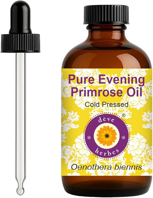 dève herbes Evening Primrose Oil (Oenothera biennis) with Glass Dropper | Cold Pressed | Pure | For Diluting Essential oils | Skin & Massage | Non-Sticky | Lightweight | Unisex | 120ml (4 oz)