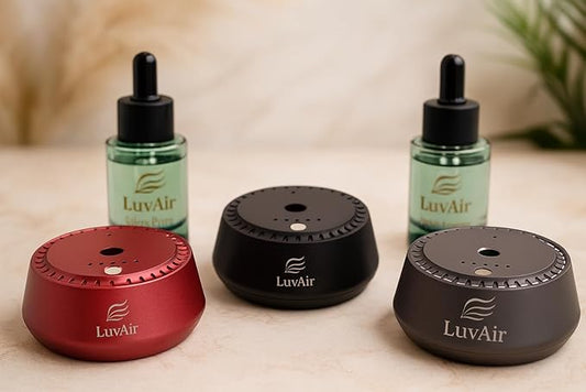 LuvAir Smart waterless car Aroma Diffuser Set, Adjustable Ultra Sonic-Mist Technology, Rechargeable, 100% Natural Fragrance, Aromatherapy Oil Scent Included (Metallic, Peach Lumiere)
