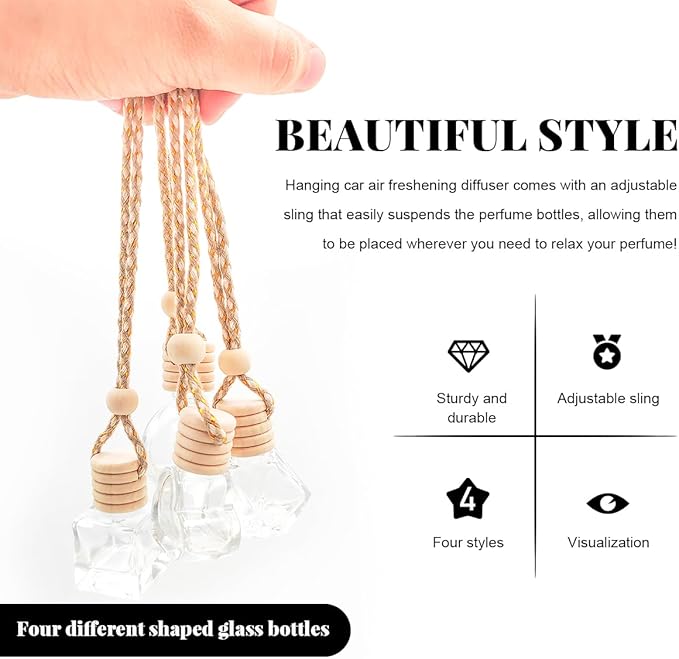 5 PCS Hanging Car Air Freshener, 8ml Empty Clear Glass Perfume Bottle Freshener Diffuser, Essential Oil Fragrance Aromatherapy Bottle Ornament for Car, Interior Car Accessories (Heart)