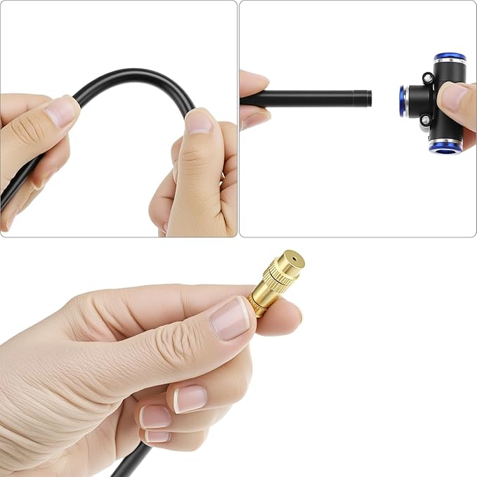 QWORK Brass Misting Nozzles Tee with 8" Built-in Hose, 5 Pack Brass Water Mister Nozzles Thread Sprayer 0.043", 360° Adjustable Rotation, Energy Efficient with Easy Installation