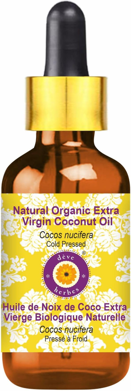 Deve Herbes Natural Organic Extra Virgin Coconut Oil (Cocos nucifera) with Glass Dropper | Cold Pressed | Pure | for Diluting Essential Oils | Hair & Skin | Lightweight| Unisex | 50ml (1.69 oz)