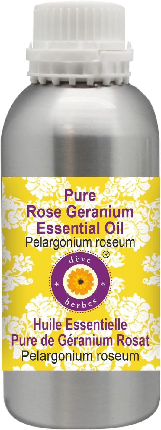 Deve Herbes Pure Rose Geranium Essential Oil (Pelargonium roseum) Steam Distilled 300ml (10 oz)