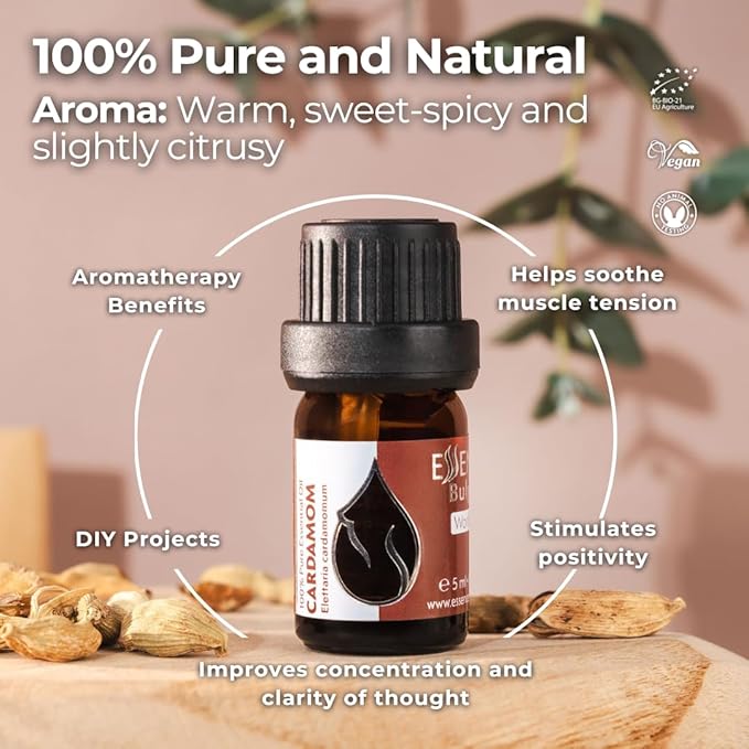Essences Bulgaria Cardamom Essential Oil 5ml (0.17 Fl Oz) | Elettaria cardamomum | 100% Pure, Natural, Undiluted | Aromatherapy, Cosmetics | Vegan, Non-GMO, Cruelty-Free
