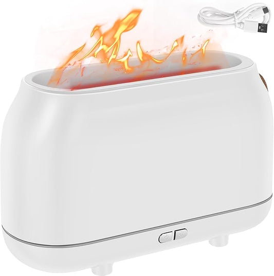 Flame Diffuser Humidifier with 7 Colors Flame Light, 180ml Flame Aroma Diffuser, Colorful Flame Light Quiet Waterless Auto Shut-Off Air Humidifier Diffuser for Home Office Room (White)