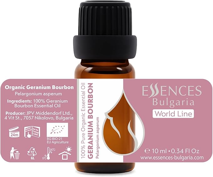 Essences Bulgaria Geranium Bourbon Essential Oil 10ml (0.34 Fl Oz) | Pelargonium asperum | 100% Pure, Natural, Undiluted | Aromatherapy, Cosmetics | Non-GMO, Cruelty-Free