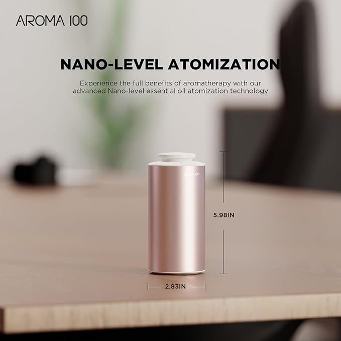 Waterless Diffuser for Essential Oil, 500sq.ft Coverage Battery Operated Nebulizer Rechargeable Mini Scent Diffusers for Home Cars Room Office 3 Timers & 3 Mist Levels (Rose Gold)