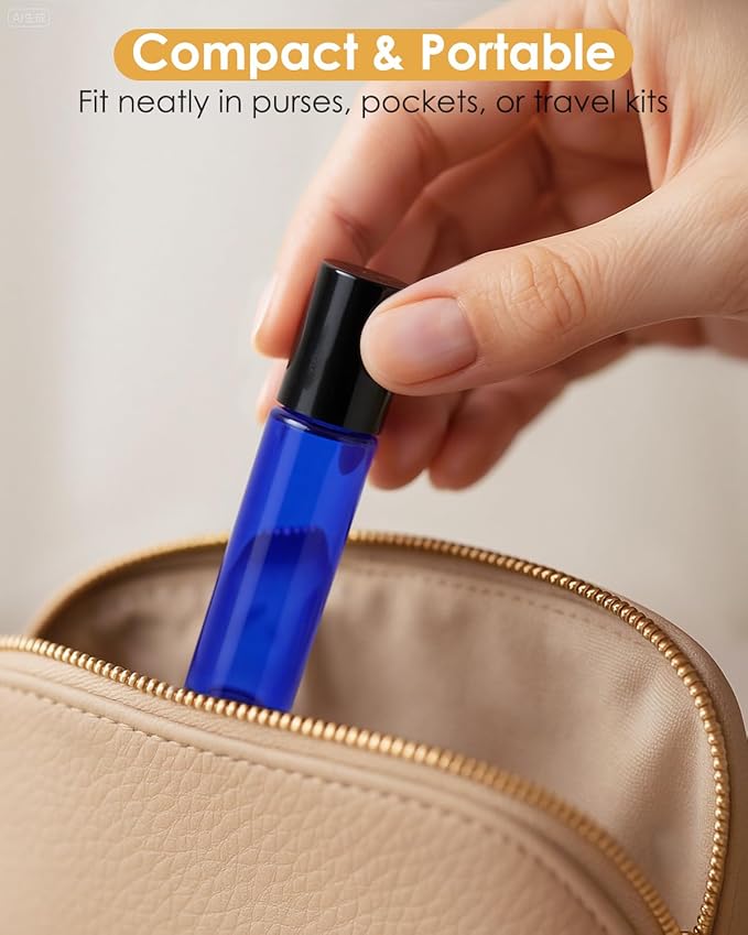 Worldgsb 4 Pack Essential Oil Roller Bottles, 10ml Refillable Blue Glass Roller Bottles with Stainless Steel Roller Balls and Caps for Travel, Perfume and Lip Gloss
