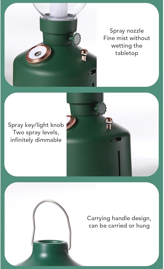 Vintage Humidifier, Essential Oil Diffuser, USB Rechargeable, Portable Lamp Humidifier, for Home Bedroom Camping (Green)