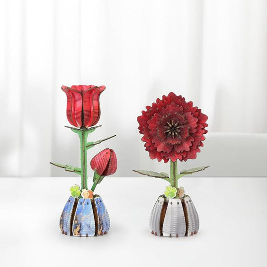 Jege 3D Flowers Wooden Puzzles for Adults, DIY Building Set with 2 Flowers, 2 Perfume Bottles & Diffuser Sticks, Creative Craft Gifts & Home Decor (Rose + China Rose)