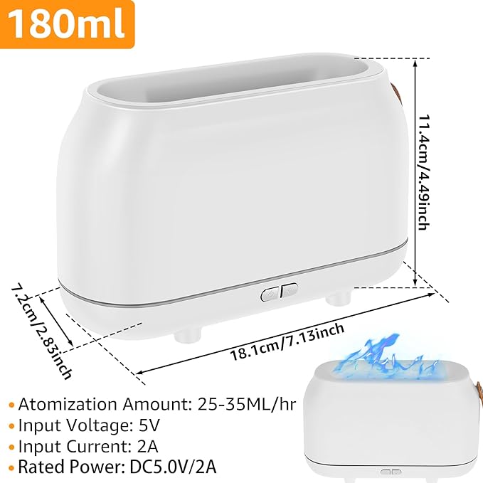 Flame Diffuser Humidifier with 7 Colors Flame Light, 180ml Flame Aroma Diffuser, Colorful Flame Light Quiet Waterless Auto Shut-Off Air Humidifier Diffuser for Home Office Room (White)