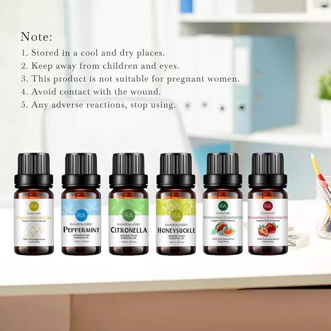RAINBOW ABBY 6-Pack Orangic 100% Pure Essential Oil Set (Peppermint, Watermelon, Strawberry, Freesia, Citronella, Honeysuckle) 6x10ML