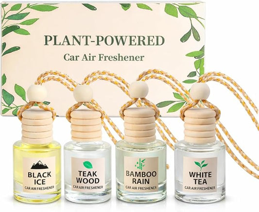 Plant-Powered Car Air Freshener 4-Pack, Essential Oil Hanging Car Diffuser for Rearview Mirror, Long Lasting Odor Eliminator, Aesthetic Auto Decor Accessories (Teakwood, Bamboo, White Tea)
