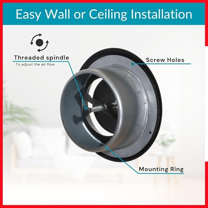 4 inch Black/Anthracite Metal Diffuser - Adjustable Vent for Wall - Ceiling Duct Cover - Exhaust Air Valve - Round Ventilation Covers for Bathroom Kitchen Garage