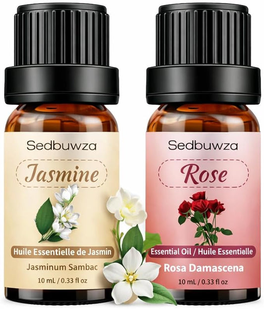 Sedbuwza Rose Jasmine Essential Oil Set, Rose Fragrance Oil Jasmine Scent Oil Set for Diffuser, Aromatherapy, Massage, Soap, Candle Making 2 x 10 ml