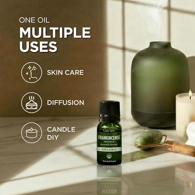 Gya Labs USDA Certified Organic Frankincense Essential Oil - Boswellia Serrata for Skin, Diffuser, Meditation, Aromatherapy, DIY Candle Making Scents - 0.34 Fl Oz