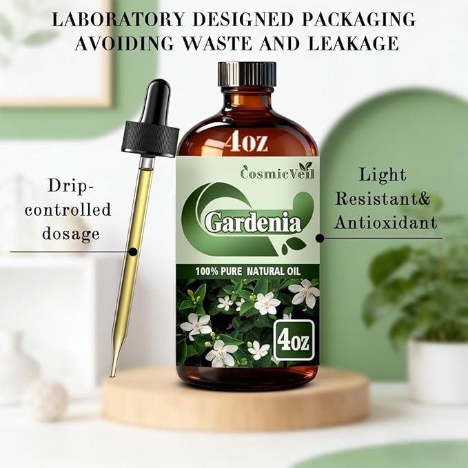 Gardenia Essential Oil Gardenia Oil for Aroma Diffuser,Humidifier,Home Fragrance,Cleaning,Body Care,Massage,Yoga,DIY Candle,DIY Soap CosmicVeil（Gardenia，4 Fl Oz (Pack of 1)）