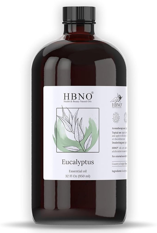 HBNO Eucalyptus Oil - 32 oz (950ml) Large Size - Ideal for Shampoos, Conditioners, Mouth Washes, Face wash, Lotions, and Skin Care Products.