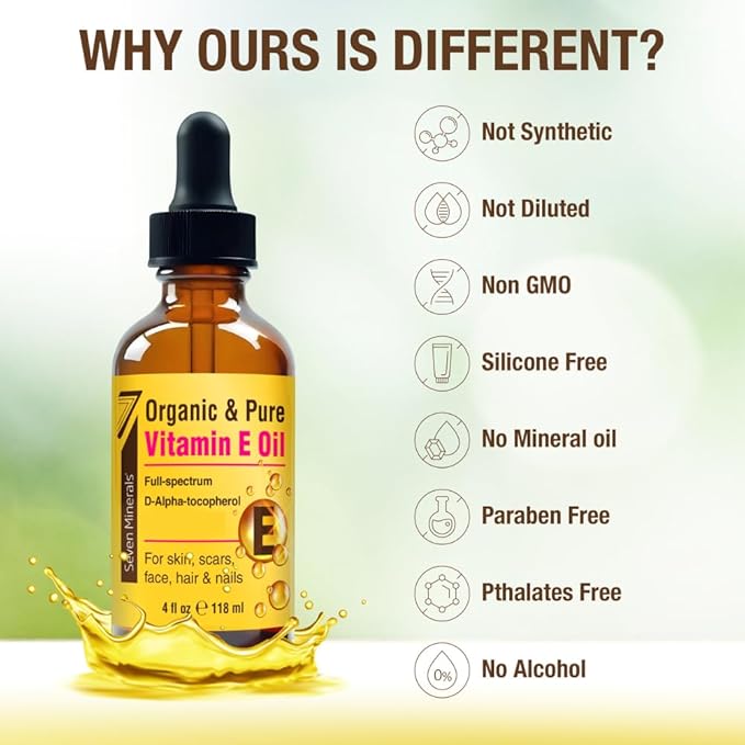 Seven Minerals Ultra Pure Vitamin E Oil - Full-Spectrum D-Alpha Tocopherol per 4 Oz Bottle - 100% Organic Vitamin E Oil for Skin, Face, Hair and Scars - Naturally Occurring:Not Synthetic. (Pack of 2)
