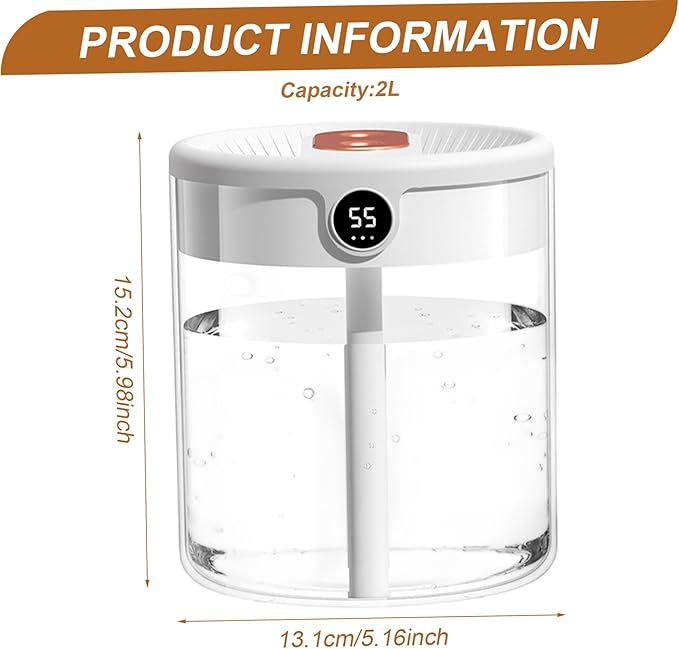 Air Humidifier with Humidity Display, 2L Mute Clear Cool Mist Diffuser with 3 Modes, Dual Spray & Light for Bedroom, Car, Baby Nursery, Office, Indoor Plants