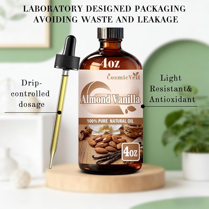 Almond Vanilla Essential Oil Almond Vanilla Oil for Aroma Diffuser,Humidifier,Home Fragrance,Cleaning,Body Care,Massage,Yoga,DIY Candle,DIY Soap CosmicVeil（Almond Vanilla，4 Fl Oz (Pack of 1)）