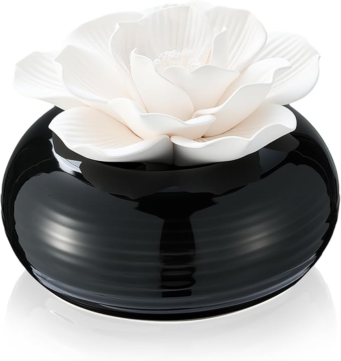 Honeydak 1 Pcs Reedless Ceramic Diffuser Set, Porcelain White Flower Aromatherapy Essential Oil Diffuser for Home Office Bathroom Tabletop Decor, Non-Electric, Valentines Day Gift (Hibiscus)