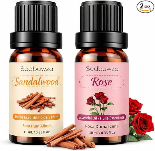 Sedbuwza Rose Sandalwood Essential Oil Set, Rose Fragrance Oil Sandalwood Scent Oil Set for Diffuser, Aromatherapy, Massage, Soap, Candle Making 2 x 10 ml